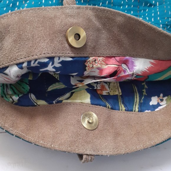 Noonday Collection Kantha Foldover Crossbody Bag Suede Leather Cotton BrownBlue - Picture 14 of 16